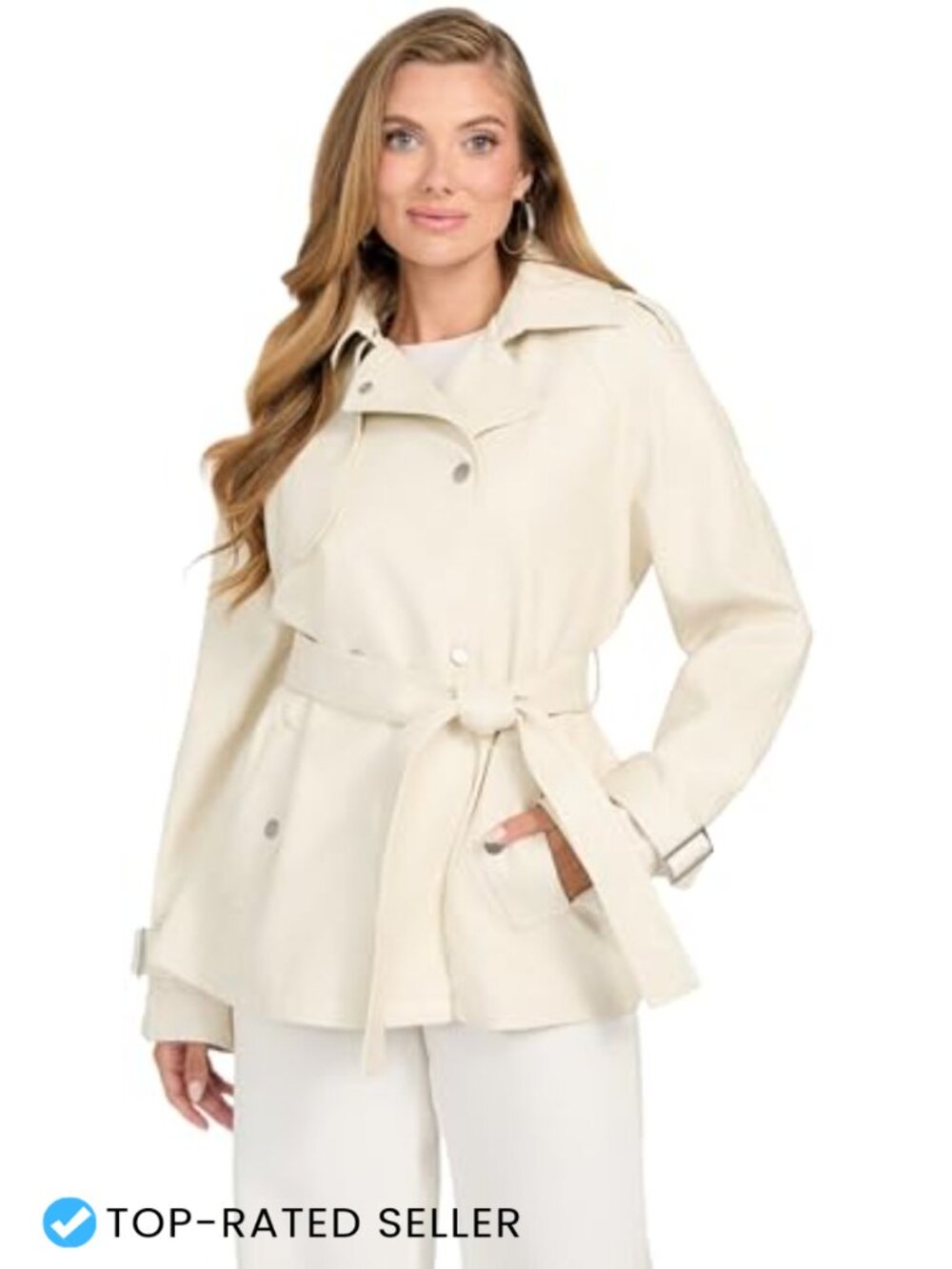 Faux Leather Short Trench Coat Button Tie Waist Long Sleeve